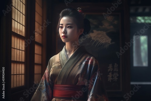 A clean shot of a east asian girl wearing a traditional dress in a ancient house ai generative illustration © ME_Photography