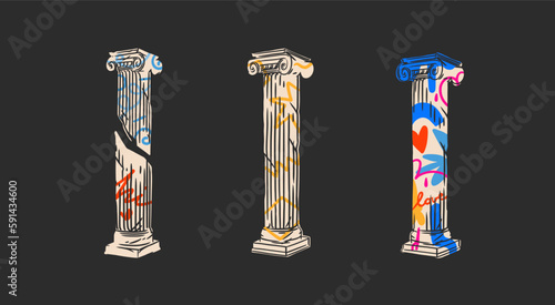 Hand drawn vector abstract outline,graphic,contemporary greek ancient sculpture statue column line modern drawing.Antique classic architecture statue in trendy graffity style,outline design concept,