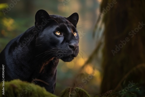 Black Panther cat walking through a woodland scene