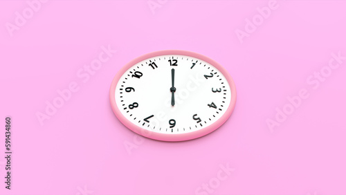 Wall clock with time and number isolated on pink background. 3d render illustration. Clock Face hanging on the wall. Copy space and central composition.