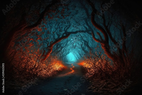 mysterious forest with a glowing light at the end of the path. Generative AI