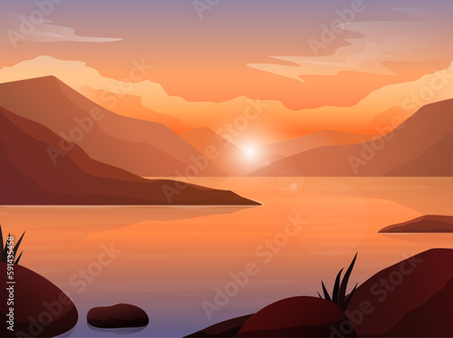 Orange sunset view of lake with mountains. Nature background, landscape with mountains and sun. Vector illustration