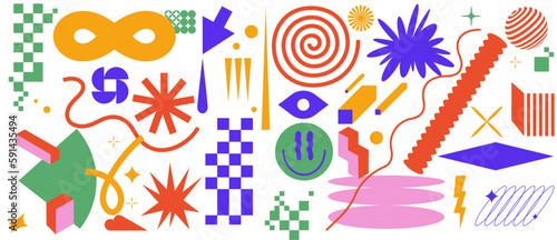 Vector set patches or signs with geometric shapes. Social media banner with brutalist design, futuristic composition, groowy.