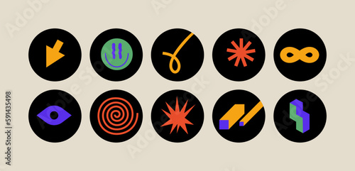 Vector set of template icons for social highlights, business in minimalist brutalist design. Bundle of futuristi Y2kc shapes and geometric figures.