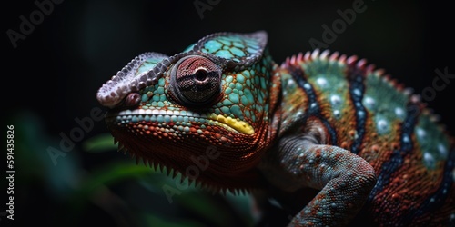 Colorful chameleon isolated on leaves background. Lizard on the green leaves. Generative AI