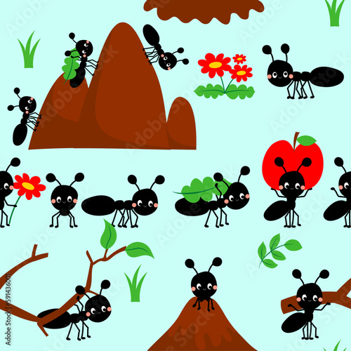 Cute seamless pattern with ants. Seamless background with anthills. Funny cartoon insects seamless pattern with cute ants.