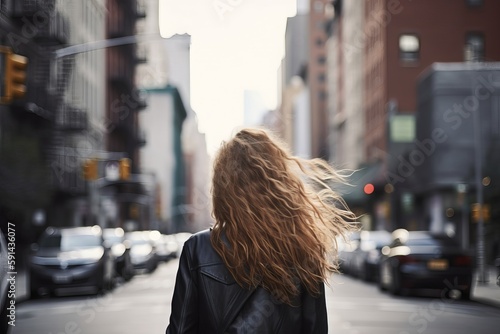 Rear view of a woman walking down a city street