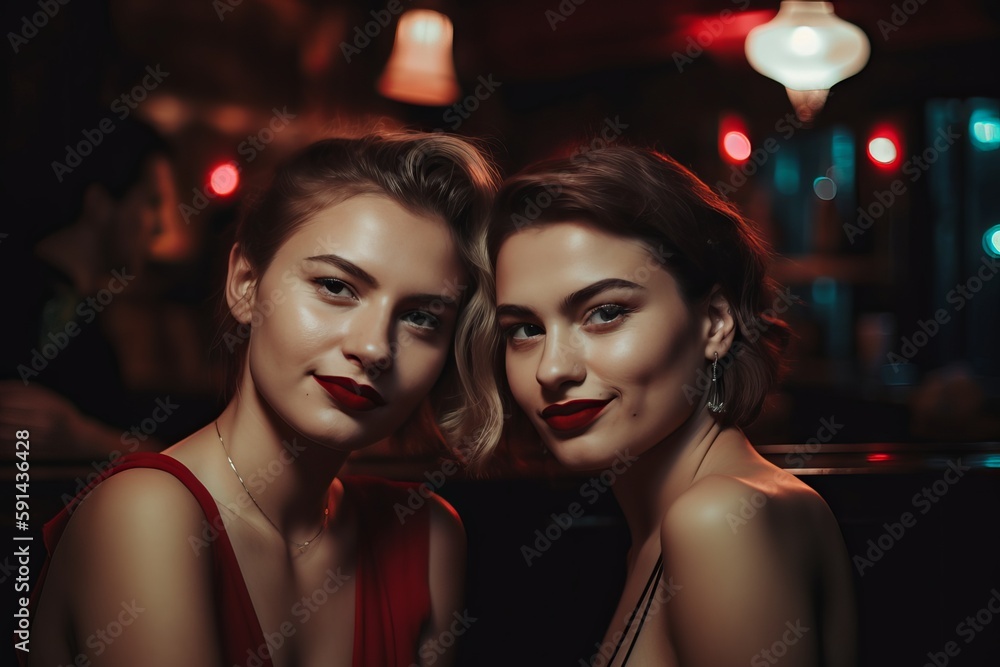 Two beautiful young woman sitting alone at a bar with dim lighting