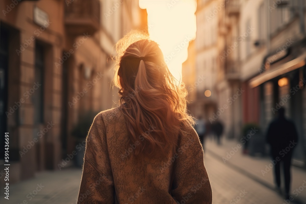 Rear view of a woman walking down a city street at sunset Rear view of a woman walking down a city street at sunset