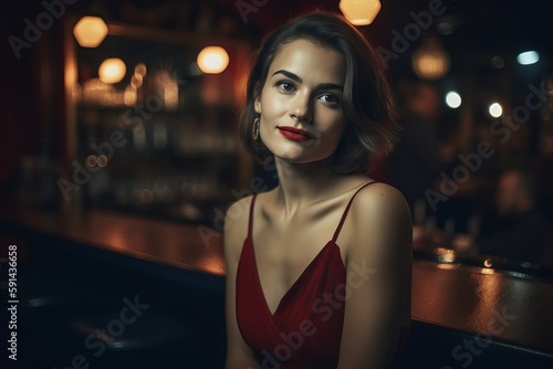 Beautiful happy young woman sitting alone at a bar with dim lighting © MD Media
