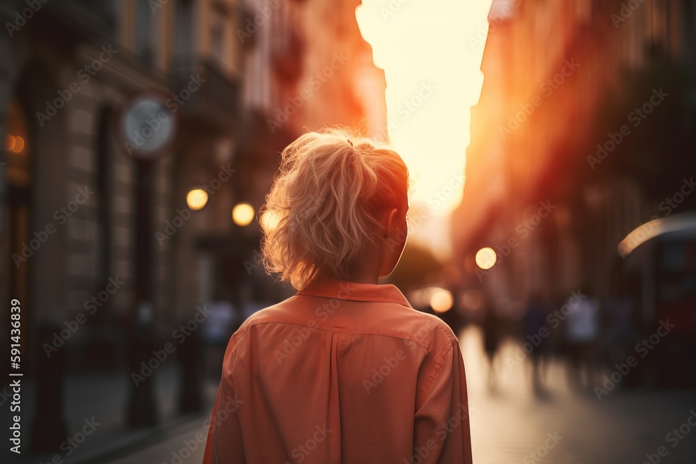 Rear view of a woman walking down a city street at sunset Rear view of a woman walking down a city street at sunset