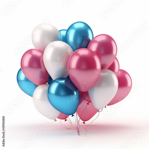 A generative AI image of pink, blue and white  helium party balloons floating on a white  background, the trans symbol