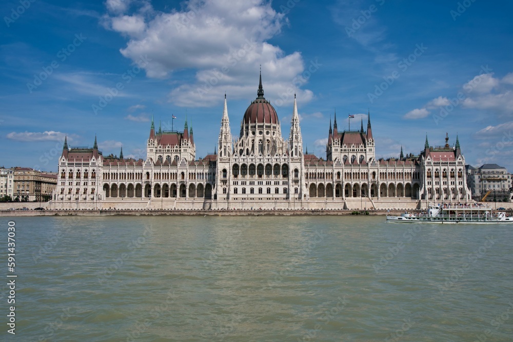 A gothic-designed Hungarian Parliament building on the Danube's bank in Budapest, Hungary