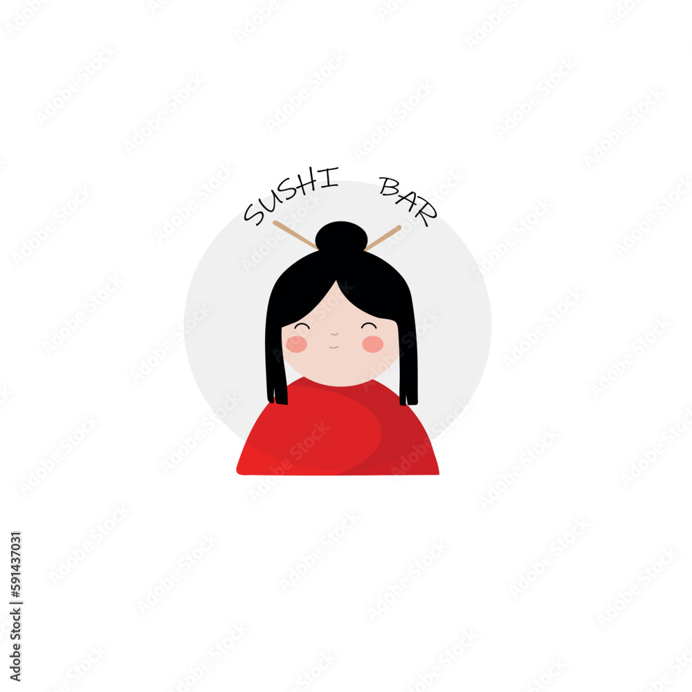 Obraz premium A girl in red clothes and chopsticks in her hair, a sushi bar. Advertising for restaurants, cafes, signs, billbords, shop, decoration, prints on clothes, bars.
