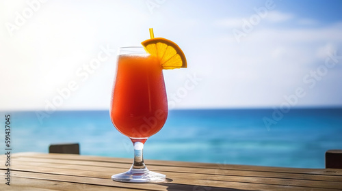 Caribbean Rum Punch cocktail on background with blue sea and sky tropical background. Generative AI
