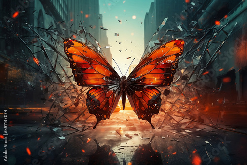 Butterfly in the night with warm light. Generative AI.
