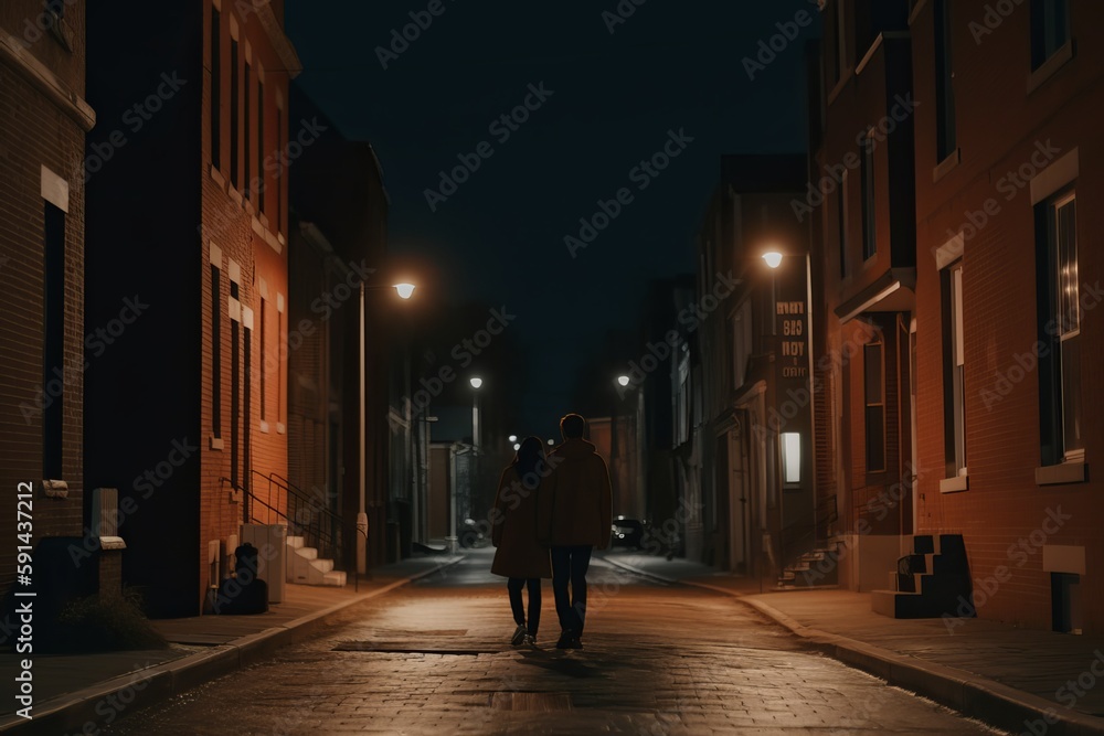 Rear view of a man and woman walking down a city street