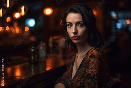 Beautiful young woman sitting alone at a bar with dim lighting © MD Media