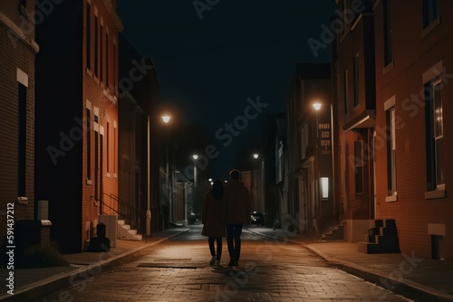 Rear view of a man and woman walking down a city street