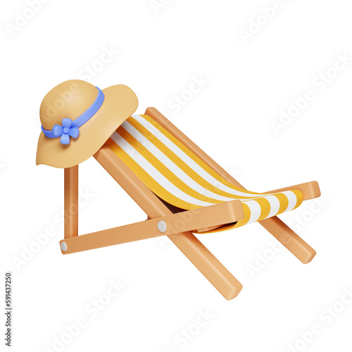 3d Beach chairs and hat summer vacation and holidays concept. icon isolated on white background. 3d rendering illustration. Clipping path.