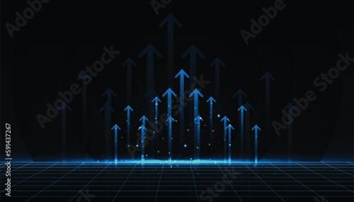 Abstract technology and digital arrows up to goal on blue dark background. rate of return investment chart vision for financial. growth business concept. vector illustration.