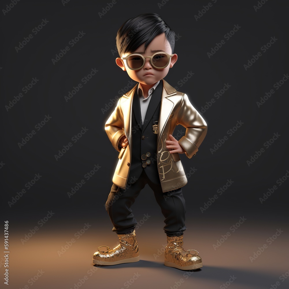 Naklejka premium Handsome Chinese cutie boy dressed in costume, great design for all purposes. Realistic business character. Fashion Concept. Fashion business child poster. Creative kids design. Concept of doubt.