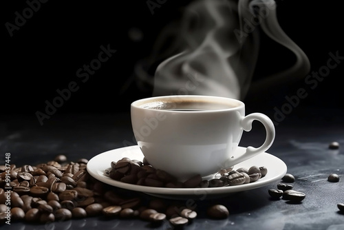 White Coffee Cup on Black Table with Coffee Beans. Closeup Background with Copy Space