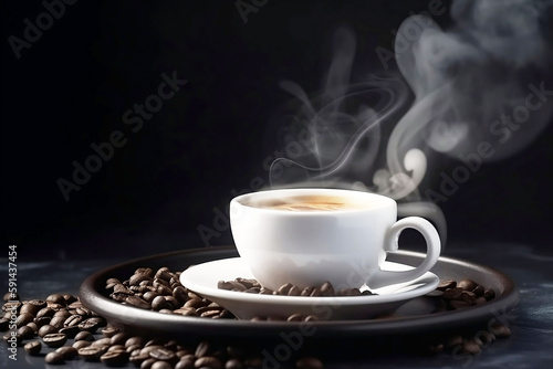 White Coffee Cup on Black Table with Coffee Beans. Closeup Background with Copy Space