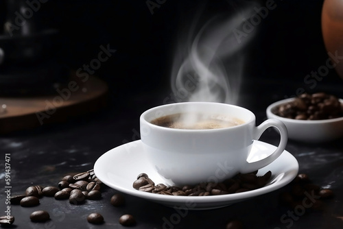 White Coffee Cup on Black Table with Coffee Beans. Closeup Background with Copy Space © Thares2020