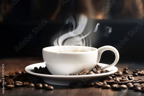 White Coffee Cup on Black Table with Coffee Beans. Closeup Background with Copy Space