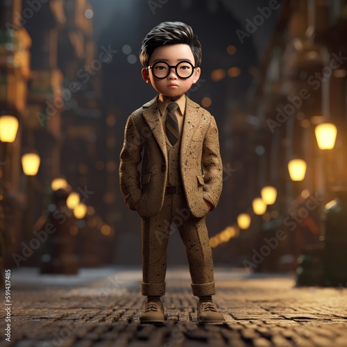 Handsome Chinese cutie boy dressed in costume, great design for all purposes. Realistic business character. Fashion Concept. Fashion business child poster. Creative kids design. Concept of doubt.