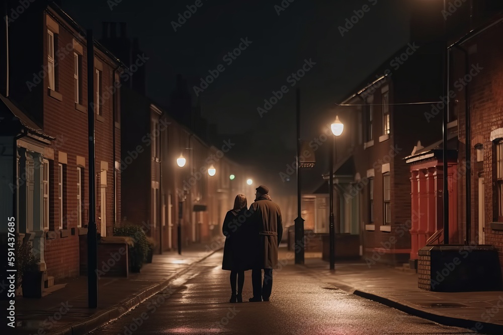 Rear view of a man and woman walking down a city street Rear view of a man and woman walking down a city street