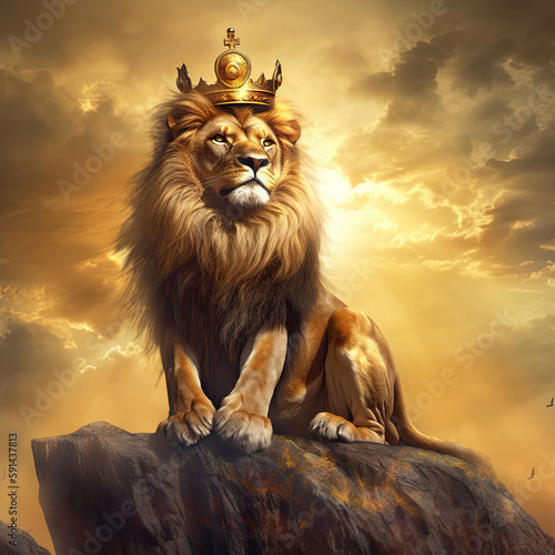 lion is the king of beasts, with a golden crown on his head, generative ai