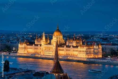 Distant view of the Hungarian Parliament Building at night, Budapest