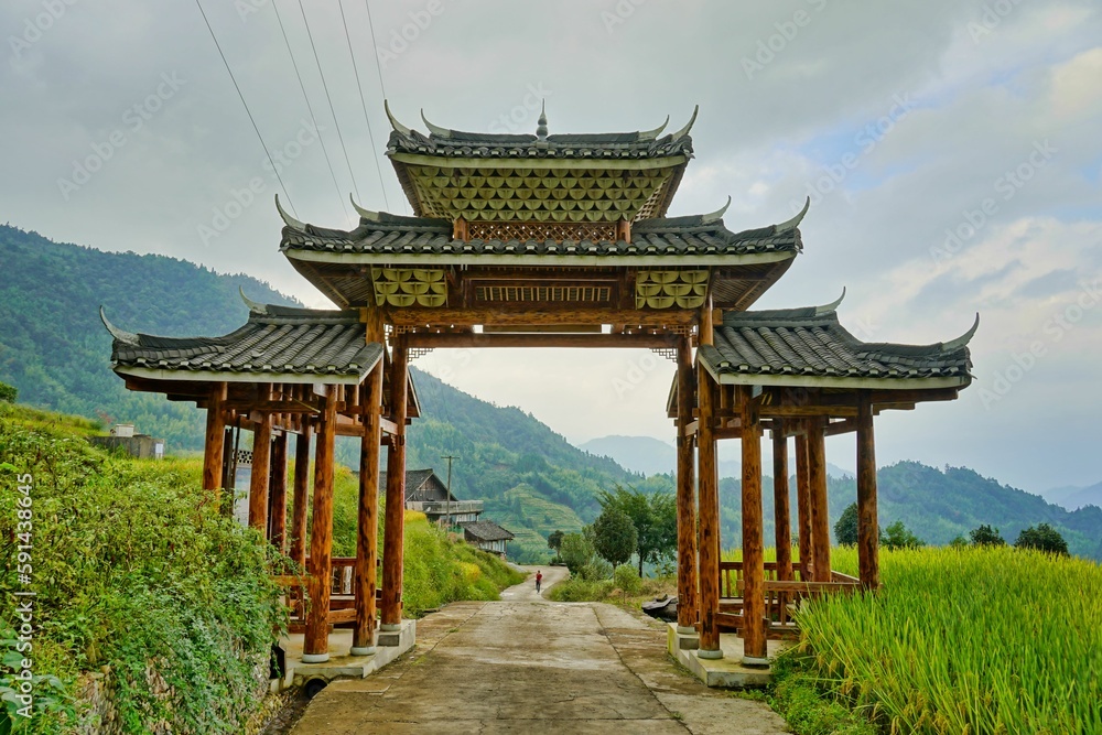 Beautiful view of an historic and ancient wooden monument with special patterns in China Beautiful view of an historic and ancient wooden monument with special patterns in China