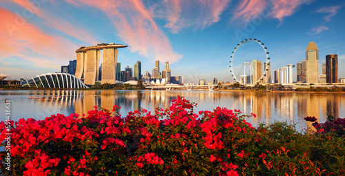 View of central Singapore: Marina Bay Sands hotel, Flyer wheel, ArtScience museum and Supergrove photo