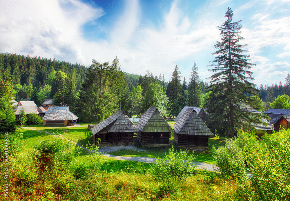 Obraz premium Buildings of folk architecture in the natural environment of the Orava Village Museum.
