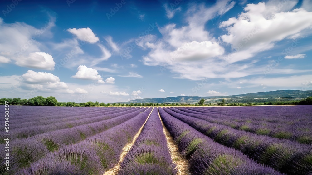 Stunning landscape with lavender field on sunny day. Generative AI Stunning landscape with lavender field on sunny day. Generative AI