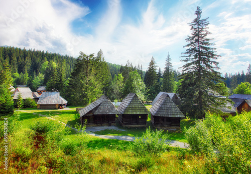 Buildings of folk architecture in the natural environment of the Orava Village Museum.