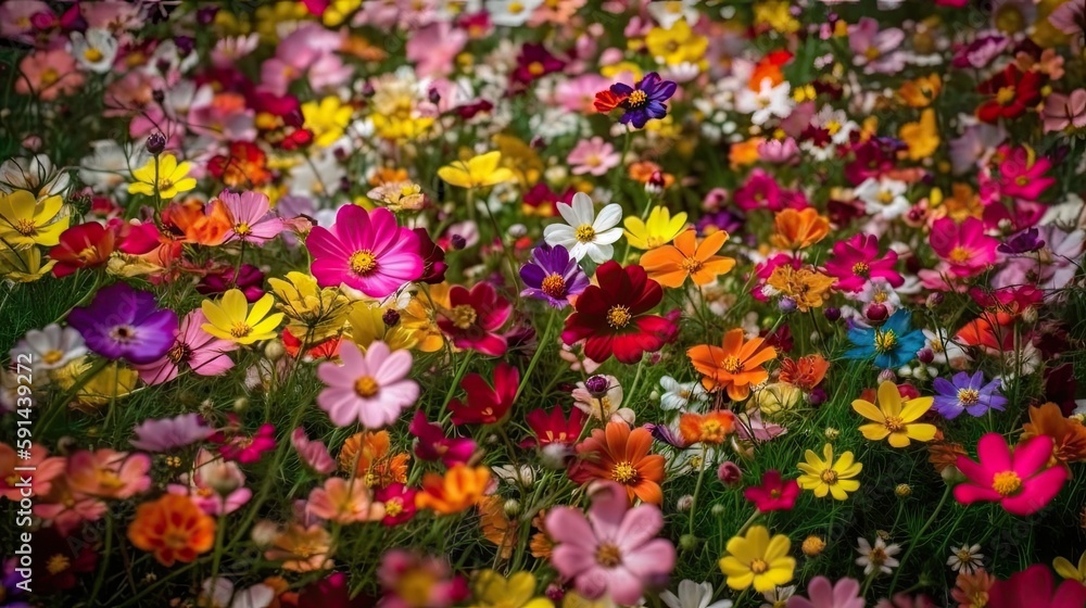 Beautiful colorful landscape full of flowers for the arrival of spring. Generative AI
