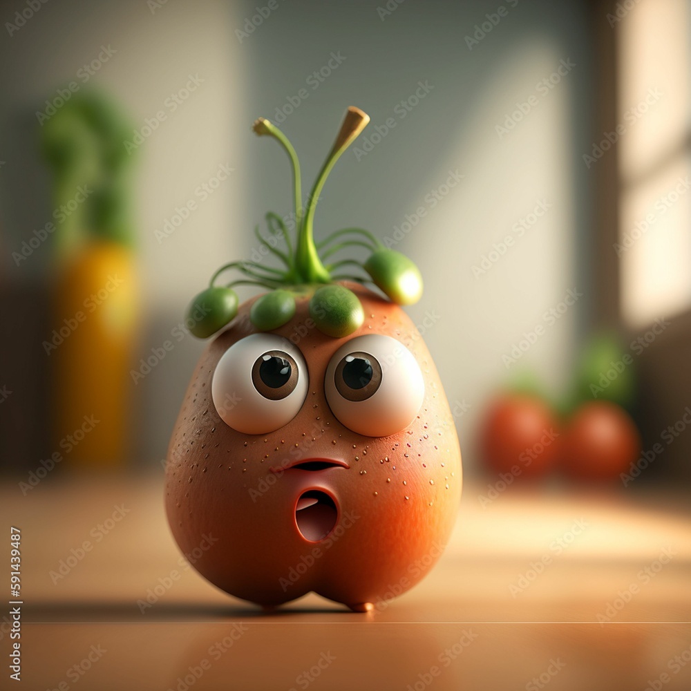 a cartoon egg with a face covered in vegetable buds on the table