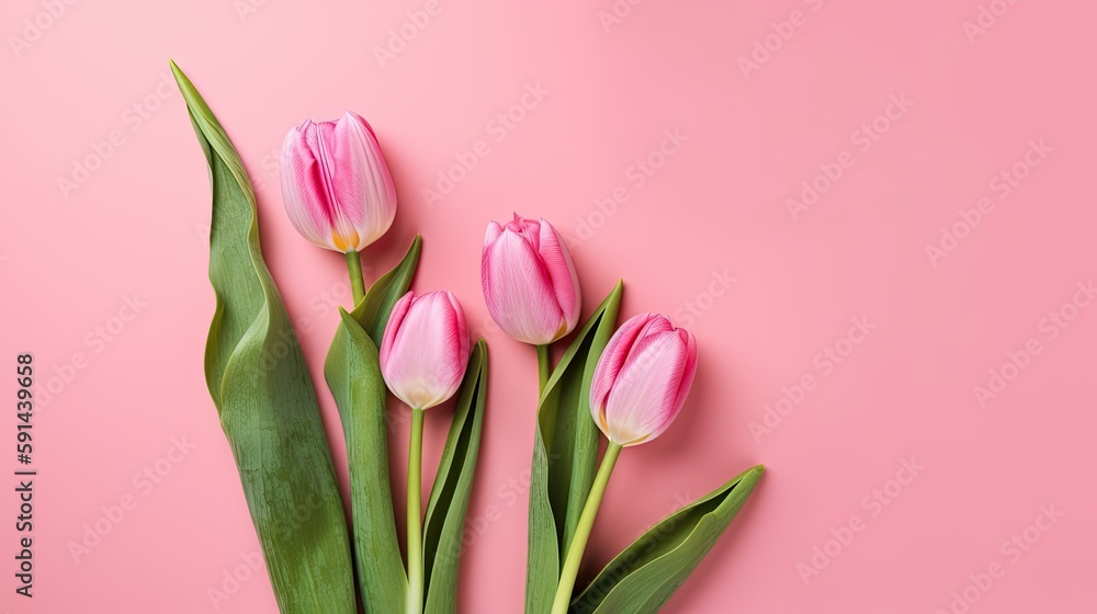 Obraz premium Tulips border with copy space on a colored background. Beautiful frame composition of spring flowers. Generative AI