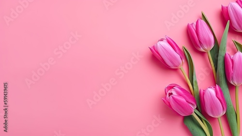 Tulips border with copy space on a colored background. Beautiful frame composition of spring flowers. Generative AI © Gelpi