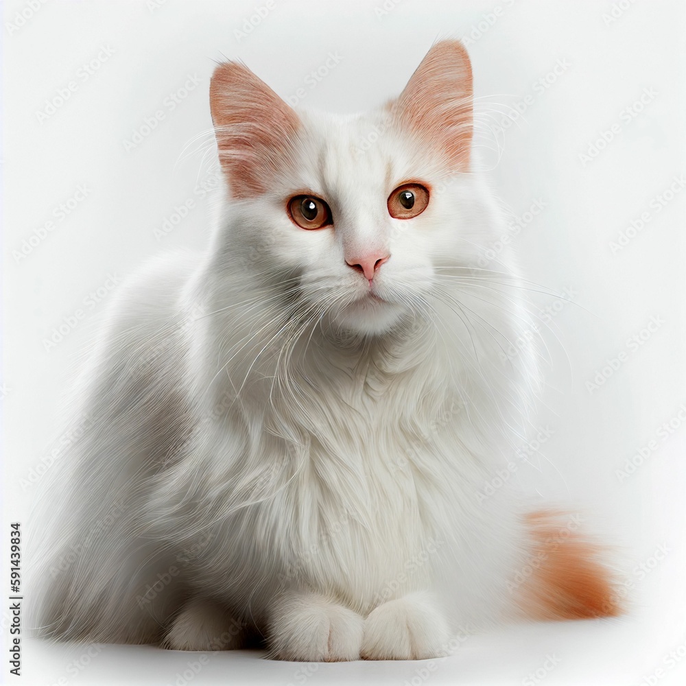 a white cat sitting on a table with yellow eyes and a pink nose a white cat sitting on a table with yellow eyes and a pink nose