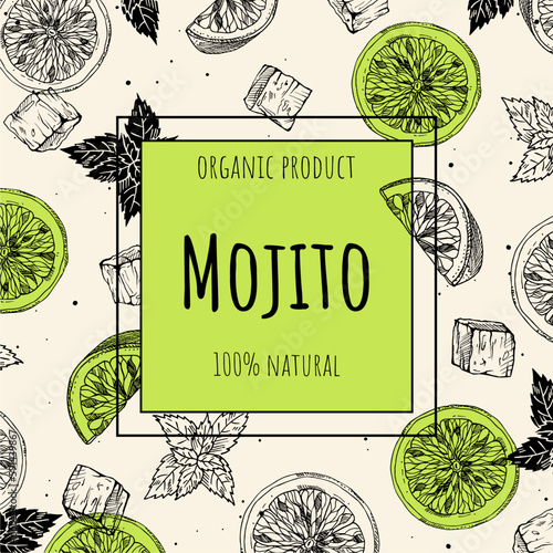 Lime frame vector drawing. Citrus fruit square label template. Hand drawn summer illustration. Packaging design concept. Great for tea, juice, natural cosmetics, mojito