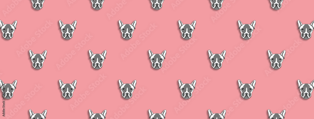 pattern with the image of a dog. pastel purple red background. Horizontal image. Banner for insertion into site.