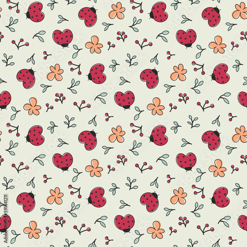 colorful doodle seamless pattern with ladybug, berry and flowers