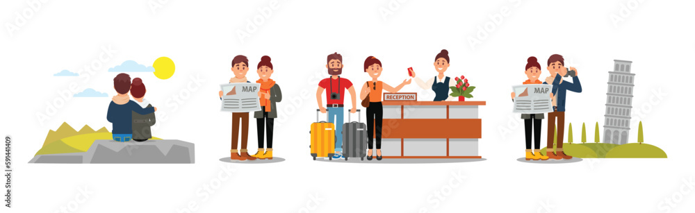 Obraz premium Young Couple Travelling on Vacation Vector Illustration Set