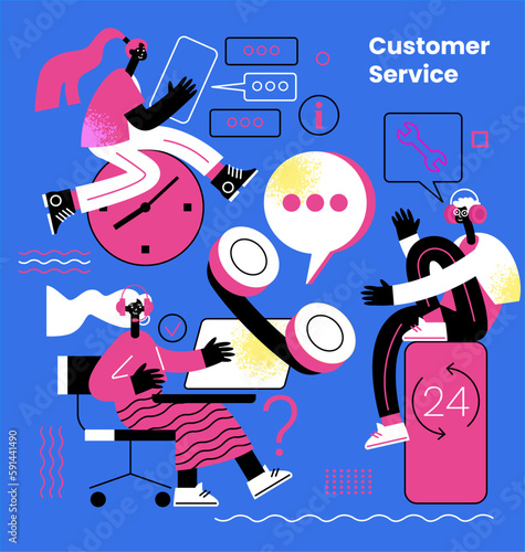 Online customer assistance service web banner. Customer support landing page with people. Call center operator. Vector flat design.