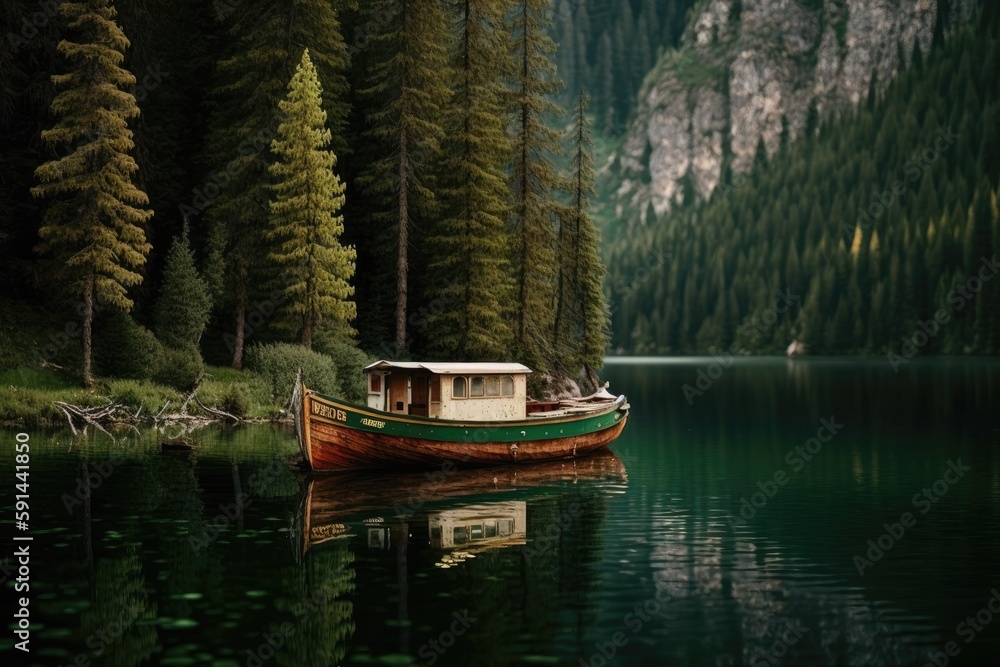 Obraz premium serene boat ride through a lush forest lake. Generative AI